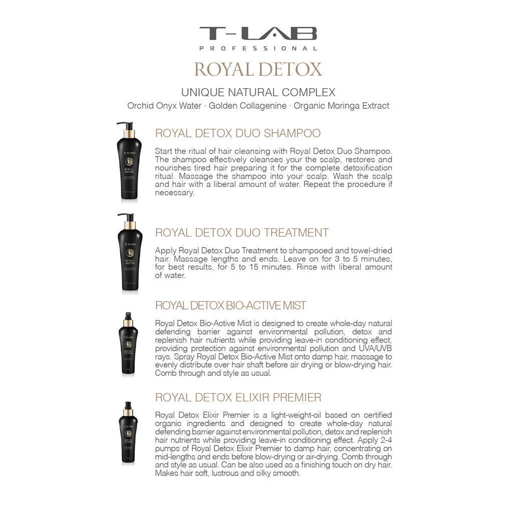Eliksyras - serumas plaukams T-LAB Professional Royal Detox Elixir Premier, 150 ml kaina ir informacija | Priemonės plaukų stiprinimui | pigu.lt