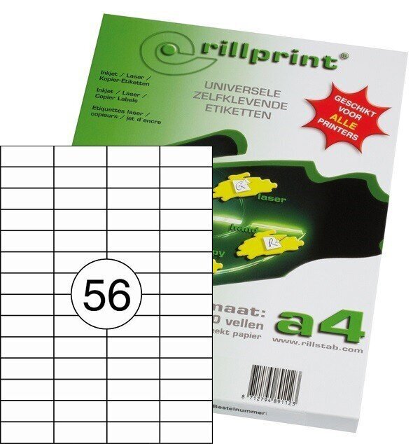 Etiketiniai lipdukai Rillprint 52,5x21,2 mm, 56 lipdukai lape, 100 lapų kaina ir informacija | Sąsiuviniai ir popieriaus prekės | pigu.lt