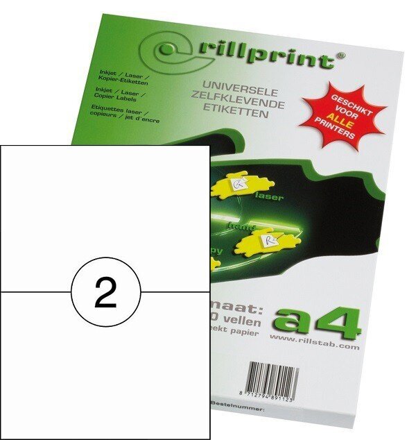 Etiketiniai lipdukai Rillprint 210x148 mm, A4, 2 lipdukai lape, 100 lapų kaina ir informacija | Sąsiuviniai ir popieriaus prekės | pigu.lt