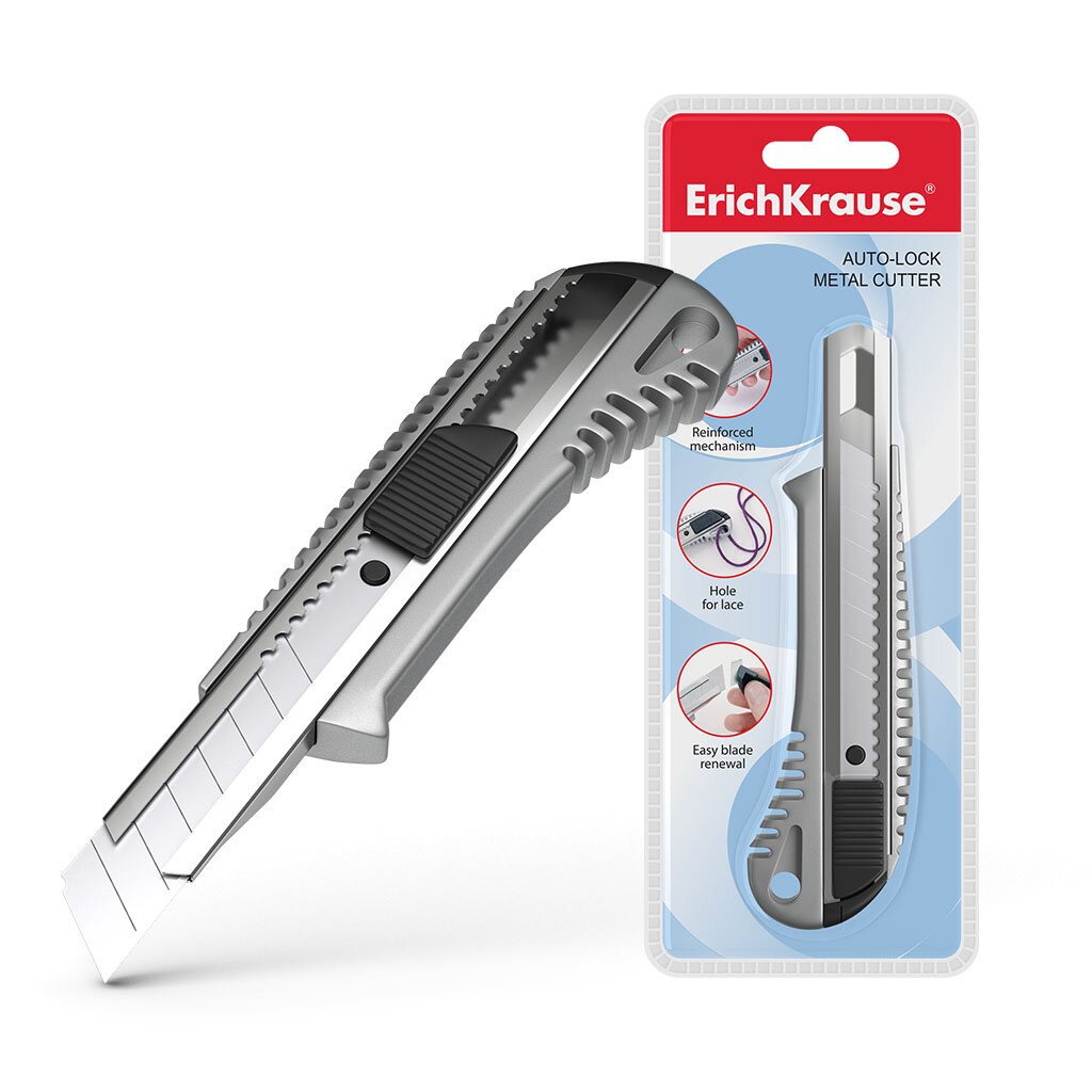 Metalinis kanceliarinis peilis su automatiniu ašmenų fiksavimu ErichKrause®, 18 mm (plastikinėje lizdinėje plokštelėje po 1 vnt.) kaina ir informacija | Kanceliarinės prekės | pigu.lt