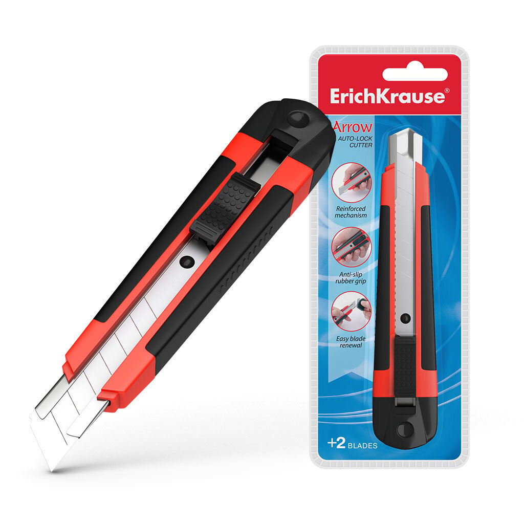 Kanceliarinis peilis su automatiniu ašmenų fiksavimu ErichKrause® Arrow, 18 mm (plastikinėje lizdinėje plokštelėje 1 vnt.) kaina ir informacija | Kanceliarinės prekės | pigu.lt