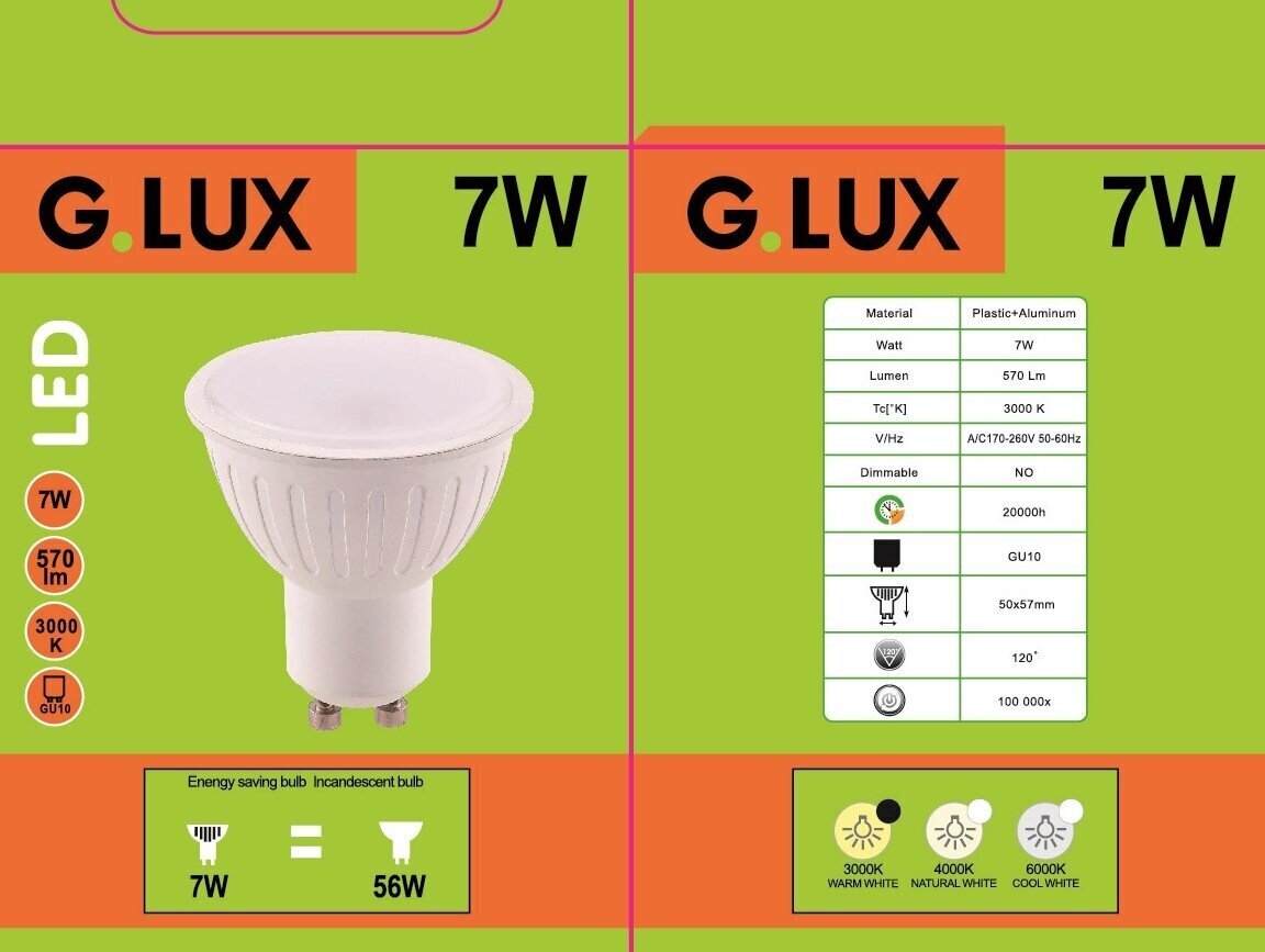 LED lemputės 7W G.LUX GR-LED-GU10-PA-7W, 10 vnt. kaina ir informacija | Elektros lemputės | pigu.lt