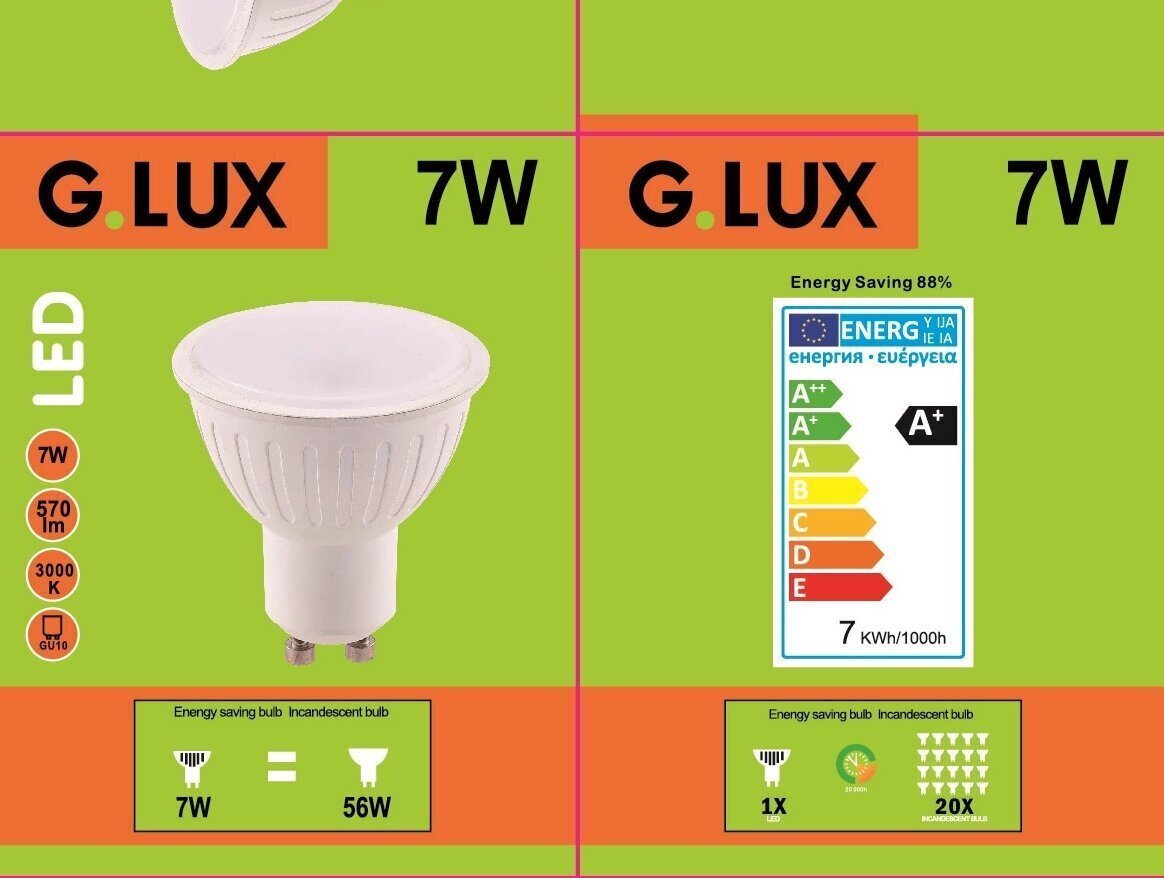 LED lemputės 7W G.LUX GR-LED-GU10-PA-7W, 10 vnt. цена и информация | Elektros lemputės | pigu.lt