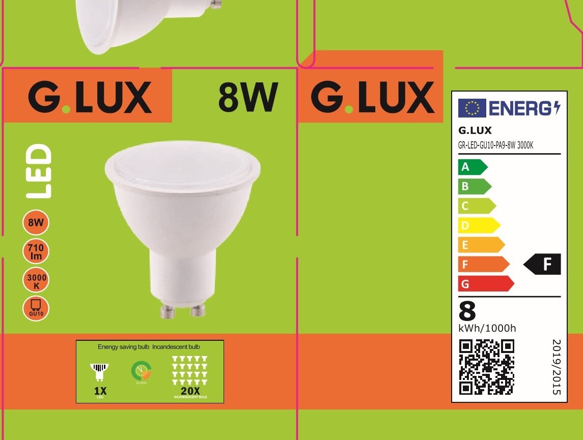 LED lemputės G.LUX GR-LED-GU10-PA9-8W 3000K - 10 vnt. pakuotė kaina ir informacija | Elektros lemputės | pigu.lt