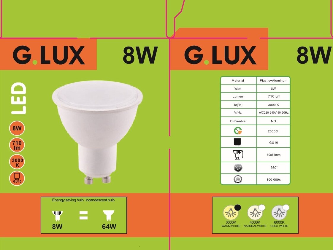 LED lemputės G.LUX GR-LED-GU10-PA9-8W 3000K - 10 vnt. pakuotė цена и информация | Elektros lemputės | pigu.lt