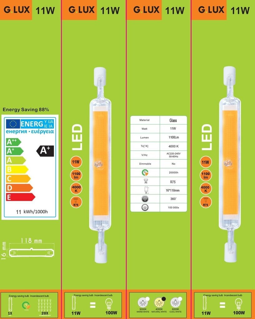 LED lemputės J118 pakuote 2vnt GR-LED- R7S COB 11W kaina ir informacija | Elektros lemputės | pigu.lt