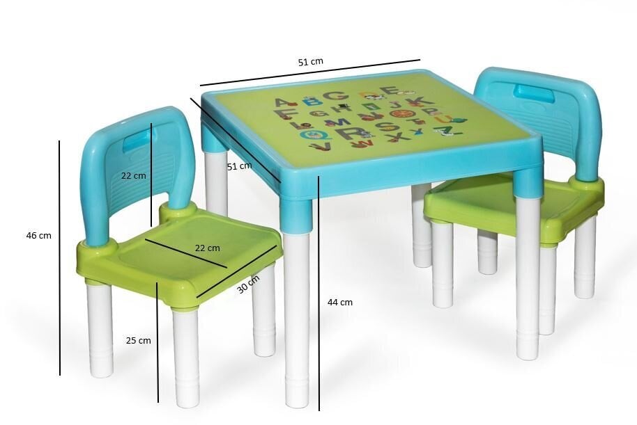 Vaikiškas staliukas su kėdutėmis Alfa, žalias/šviesiai mėlynas цена и информация | Vaikiškos kėdutės ir staliukai | pigu.lt