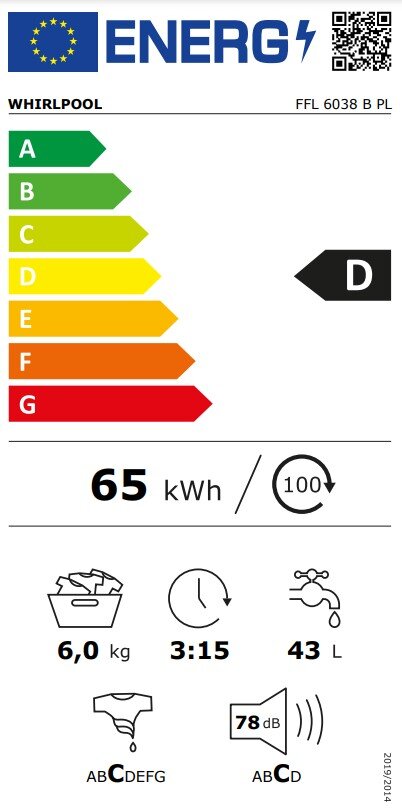 Whirlpool FFL 6038 B PL kaina ir informacija | Skalbimo mašinos | pigu.lt