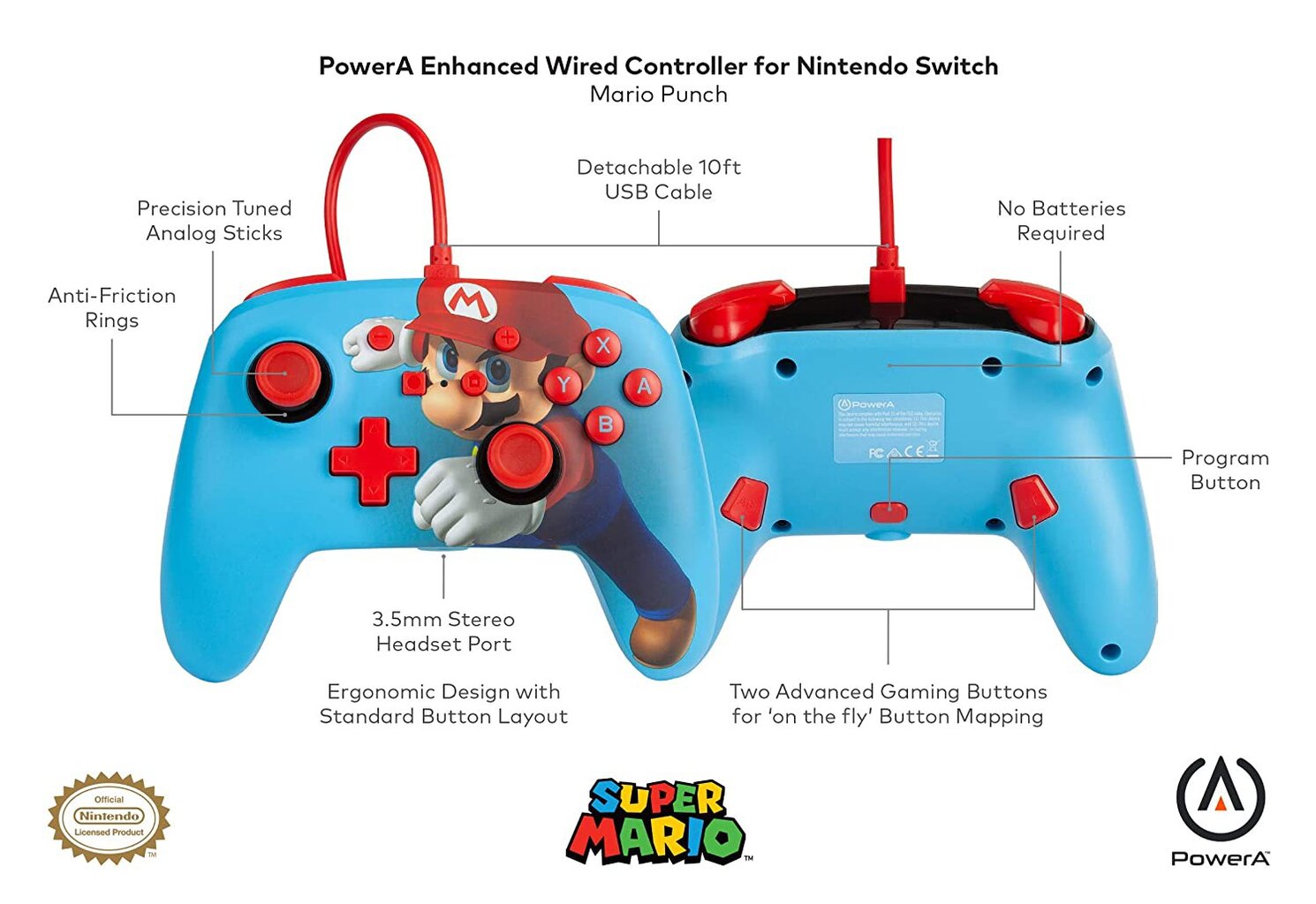 Laidinis pultelis PowerA Super Mario Punch skirtas Nintendo Switch kaina ir informacija | Žaidimų pultai  | pigu.lt