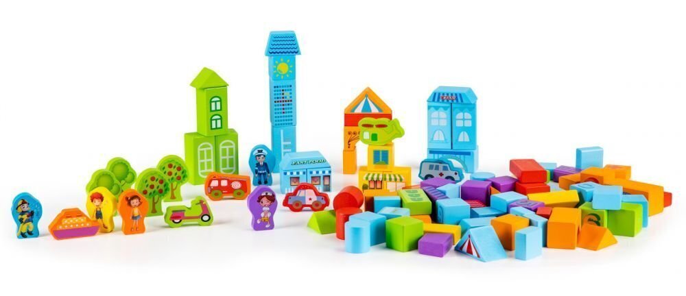Mediniai statybiniai blokeliai- miestas, 100 vnt цена и информация | Lavinamieji žaislai | pigu.lt