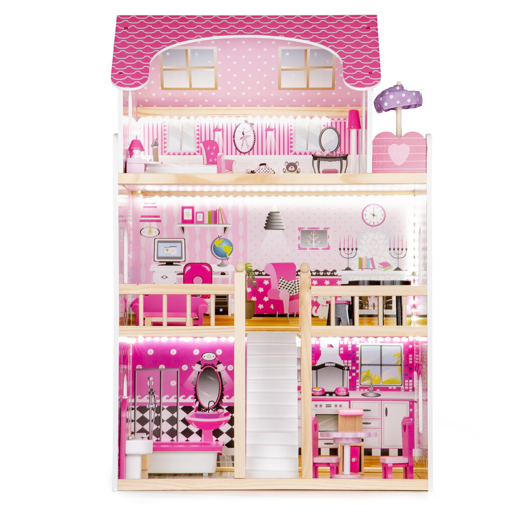 Medinis lėlių namelis su baldais ir LED apšvietimu Ecotoys kaina ir informacija | Žaislai mergaitėms | pigu.lt