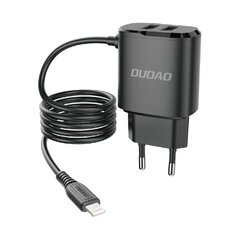 Зарядное устройство Dudao 2x USB со встроенным кабелем Lightning 12 Вт, черное цена и информация | Зарядные устройства для телефонов | pigu.lt