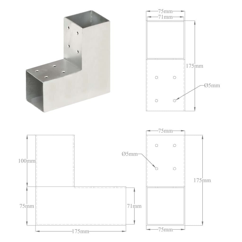 Stulpo sujungimas, 71x71mm, galvanizuotas metalas, L formos kaina ir informacija | Tvoros ir jų priedai | pigu.lt