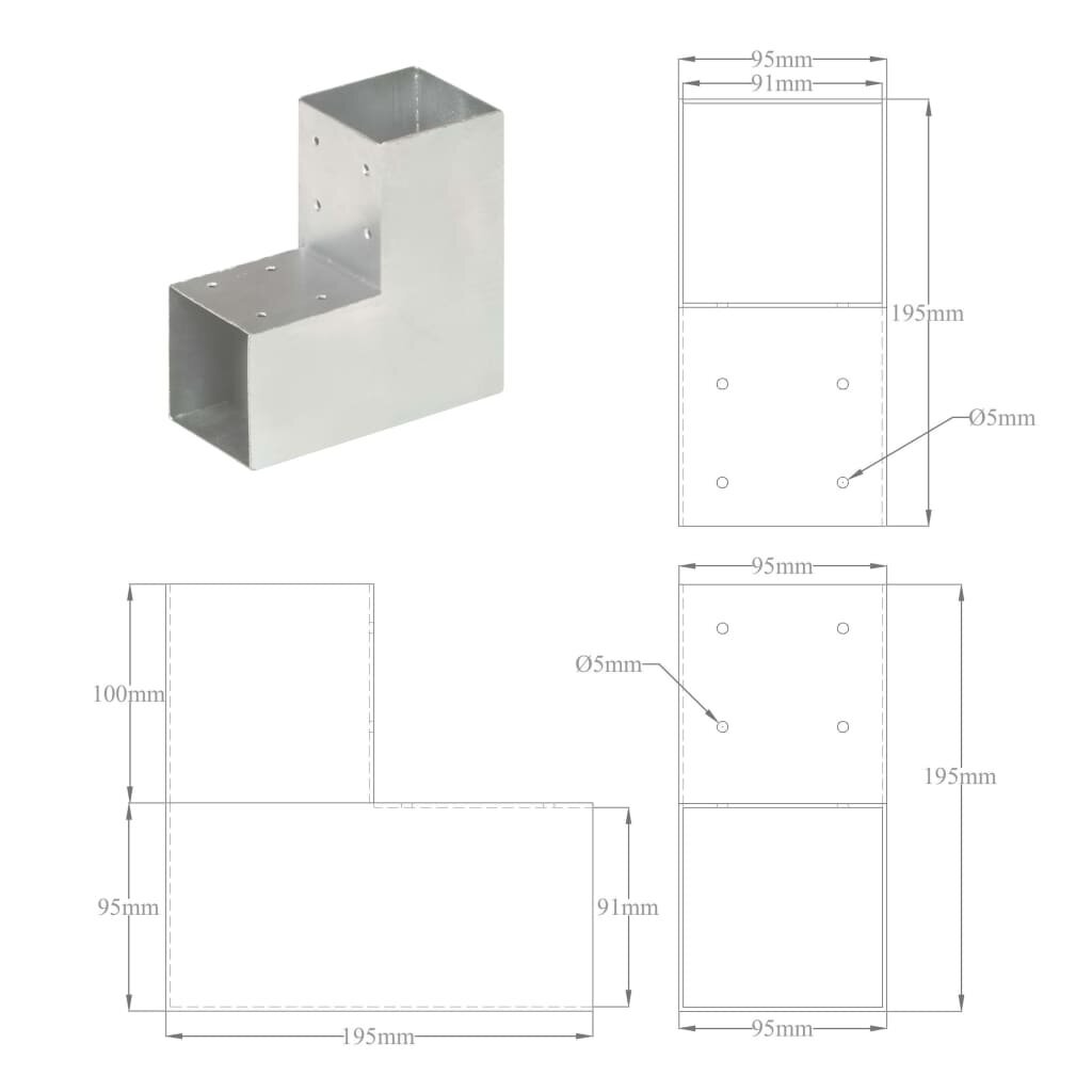 Stulpų sujungimai, 4vnt., 91x91mm, metalas, L formos цена и информация | Tvoros ir jų priedai | pigu.lt