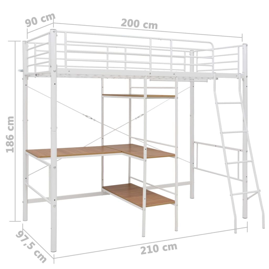 Dviaukštė lova su stalu VidaXL 90x200, balta цена и информация | Vaikiškos lovos | pigu.lt