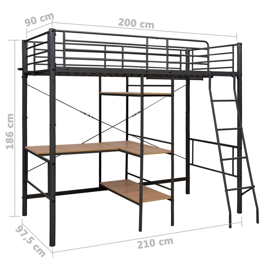 Dviaukštė lova su stalu VidaXL 90x200, juoda kaina ir informacija | Vaikiškos lovos | pigu.lt