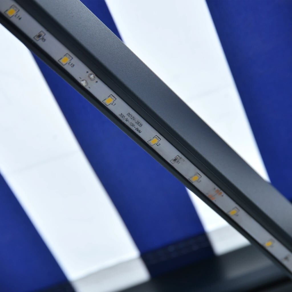 Markizė su vėjo jutikliu ir LED, mėlyna ir balta, 600x300cm kaina ir informacija | Skėčiai, markizės, stovai | pigu.lt