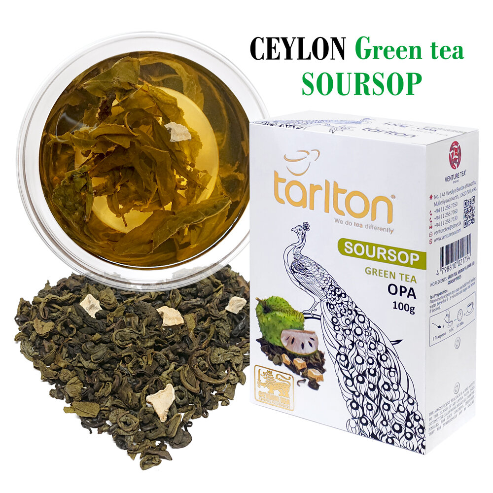 Ceilono žalioji birių lapų arbata su natūraliais Soursop gabalėliais, SOURSOP Green tea, Tarlton, 100g kaina ir informacija | Arbata | pigu.lt