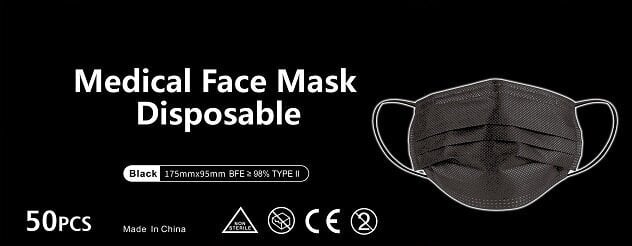 Medicininės vienkartinės veido kaukės juodos BFE 99.9%, 50 vnt. kaina ir informacija | Pirmoji pagalba | pigu.lt