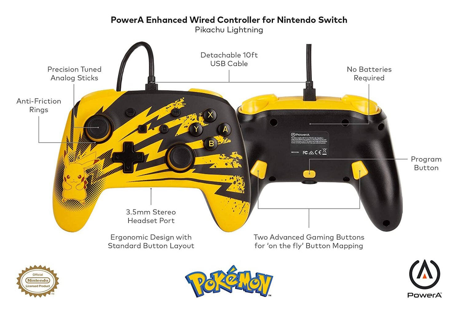 Laidinis valdiklis PowerA Pokemon Lightning Pikachu skirtas Nintendo Switch kaina ir informacija | Žaidimų pultai  | pigu.lt