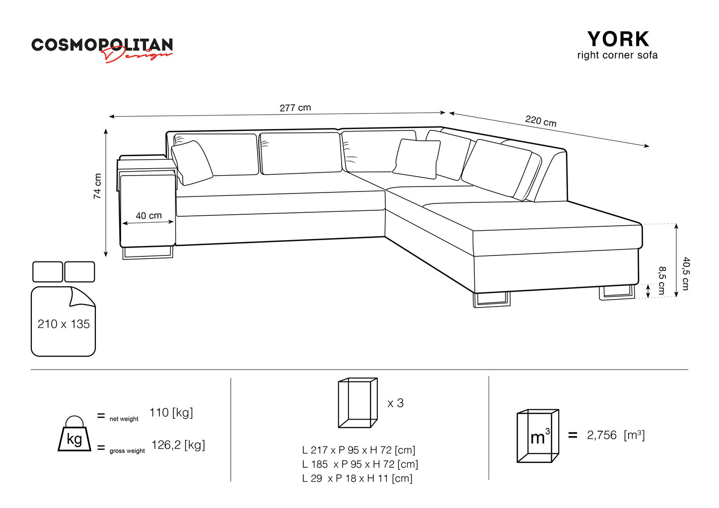 Minkštas kampas Cosmopolitan Design York, mėlynas kaina ir informacija | Minkšti kampai | pigu.lt