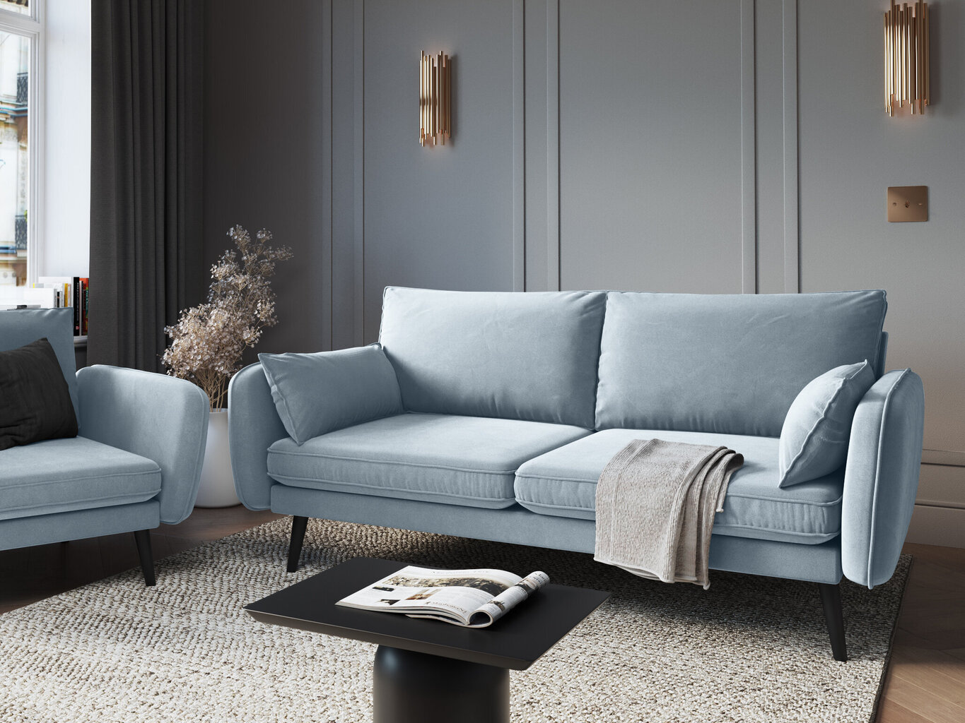 Trivietė sofa Kooko Home Lento, šviesiai mėlyna/juoda kaina ir informacija | Sofos | pigu.lt