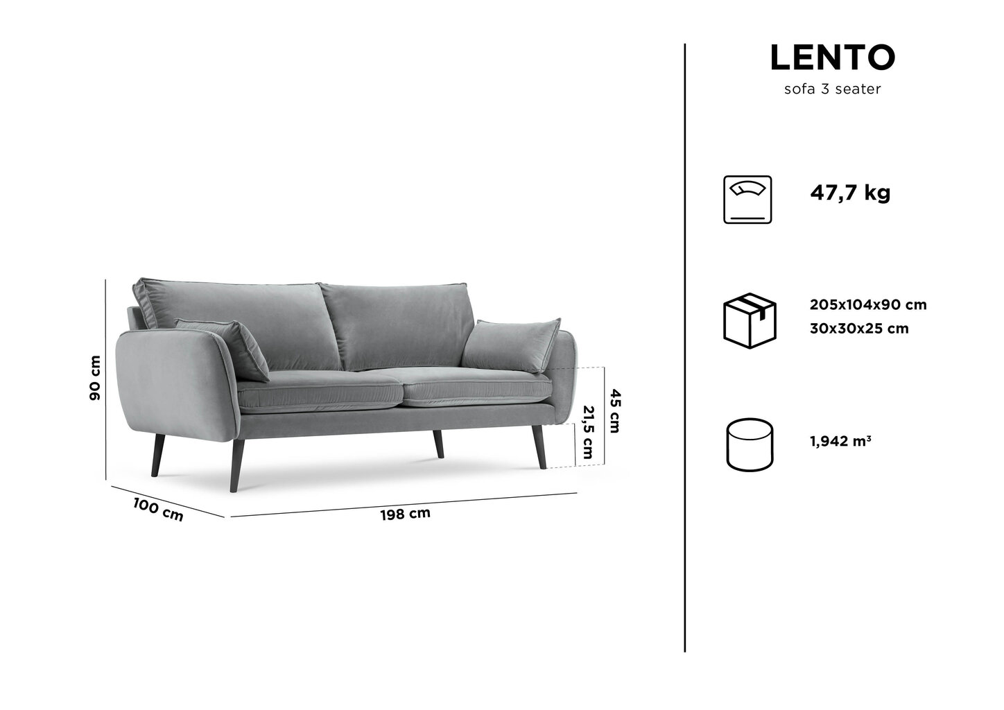 Trivietė sofa Kooko Home Lento, šviesiai mėlyna/juoda kaina ir informacija | Sofos | pigu.lt