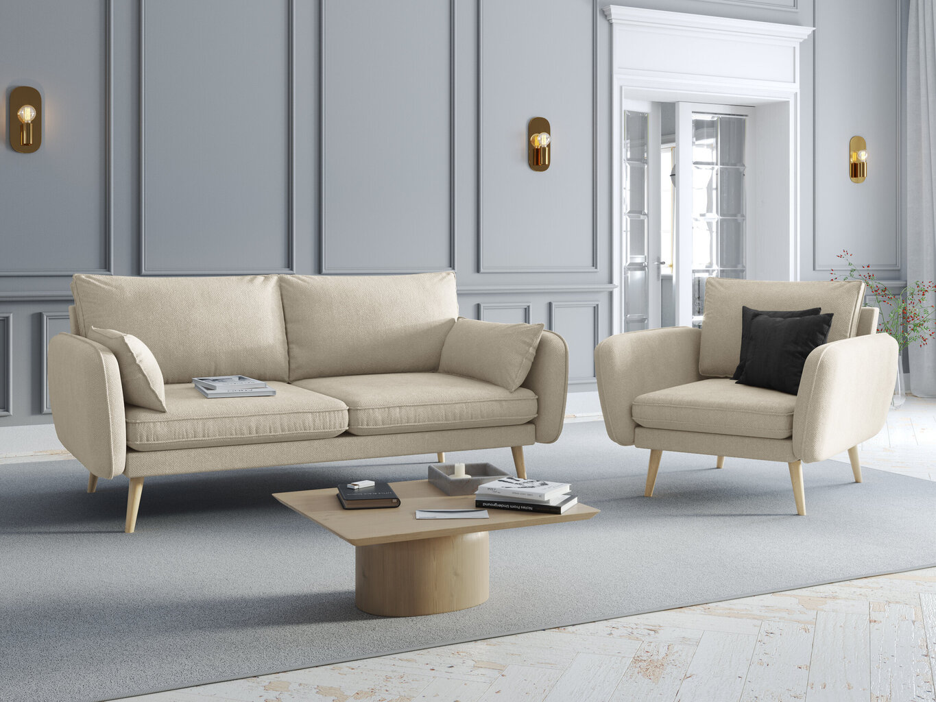 Trivietė sofa Kooko Home Lento, smėlio spalvos/ruda kaina ir informacija | Sofos | pigu.lt