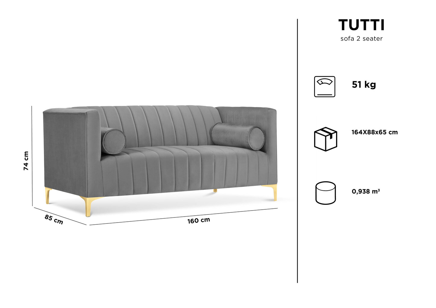 Dvivietė sofa Kooko Home Tutti, mėlyna/auksinės spalvos kaina ir informacija | Sofos | pigu.lt