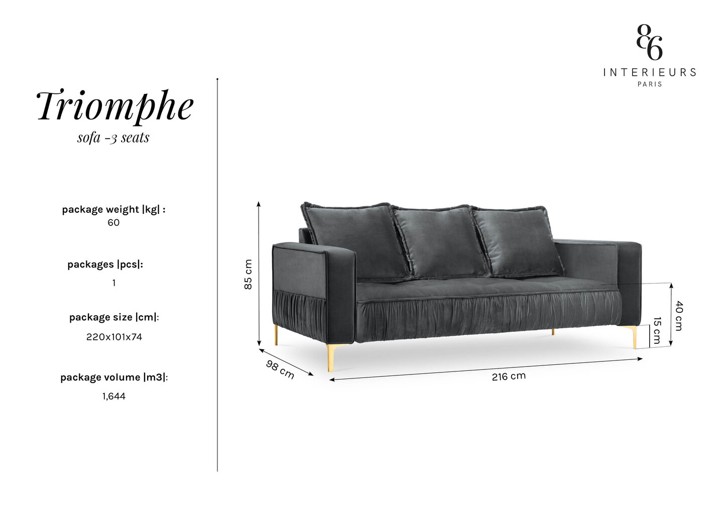Sofa Interieurs86 Triomphe, šviesiai pilka/auksinės spalvos цена и информация | Sofos | pigu.lt