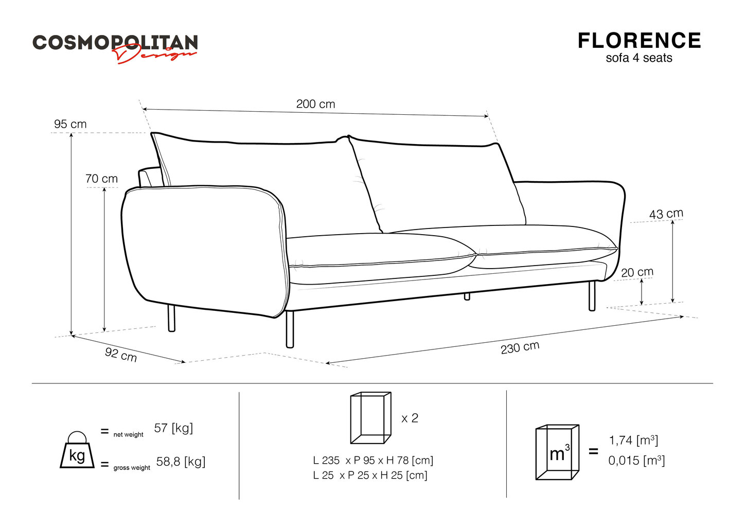 Keturvietė sofa Cosmopolitan Design Florence, rožinė kaina ir informacija | Sofos | pigu.lt