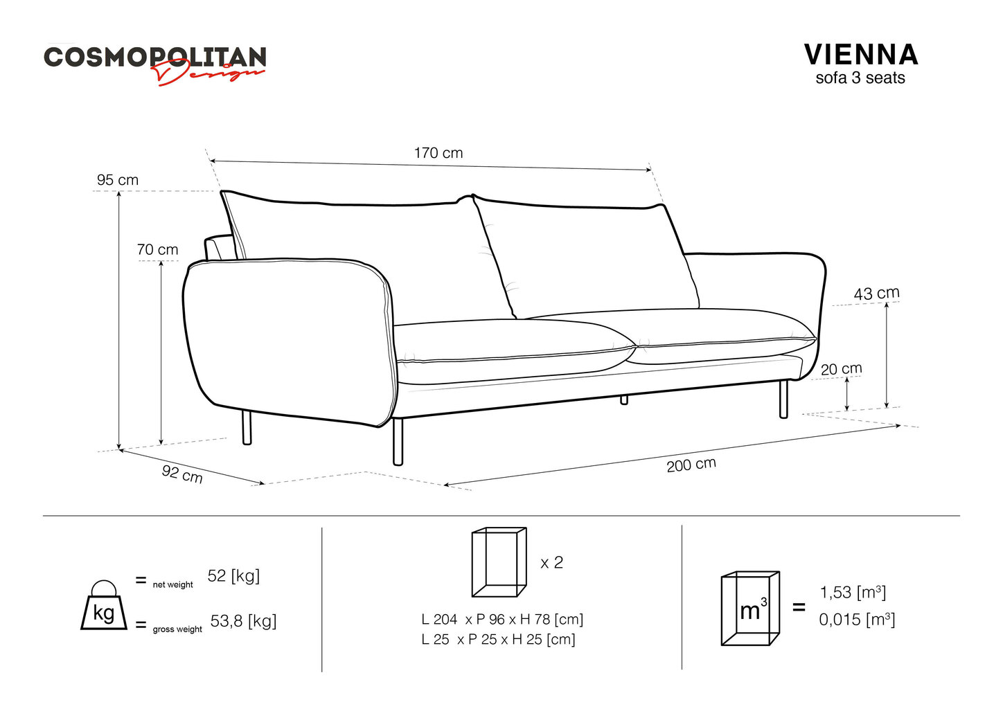 Trivietė sofa Cosmopolitan Design Vienna, rožinė цена и информация | Sofos | pigu.lt