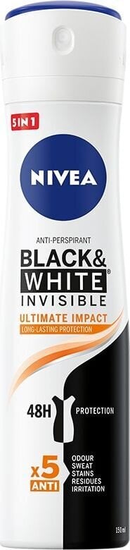 Purškiamas dezodorantas Nivea Black & White Invisible Ultimate Impact 5in1150 ml kaina ir informacija | Dezodorantai | pigu.lt