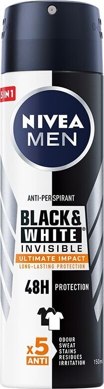 Purškiamas dezodorantas Nivea Men Black & White Invisible Ultimate Impact 5in1 150 ml цена и информация | Dezodorantai | pigu.lt