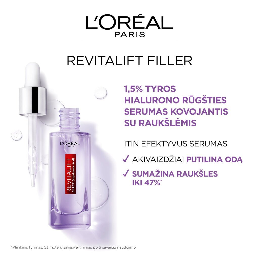 Atkuriamasis veido serumas L'Oreal Revitalift Filler 1,5% Hyaluron, 30 ml kaina ir informacija | Veido aliejai, serumai | pigu.lt