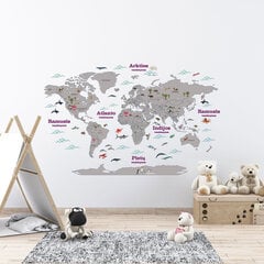 Interjero lipdukas „Pasaulio šalių žemėlapis su gyvūnais“, pilkas kaina ir informacija | Interjero lipdukai | pigu.lt