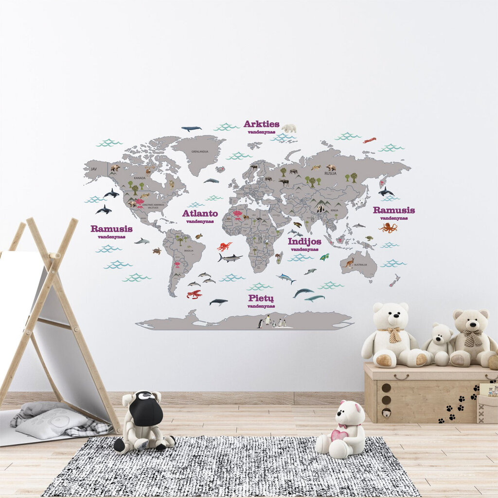 Interjero lipdukas „Pasaulio šalių žemėlapis su gyvūnais“, pilkas цена и информация | Interjero lipdukai | pigu.lt