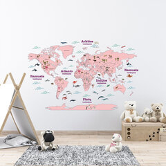 Interjero lipdukas Pasaulio šalių žemėlapis su gyvūnais, rožinis цена и информация | Интерьерные наклейки | pigu.lt