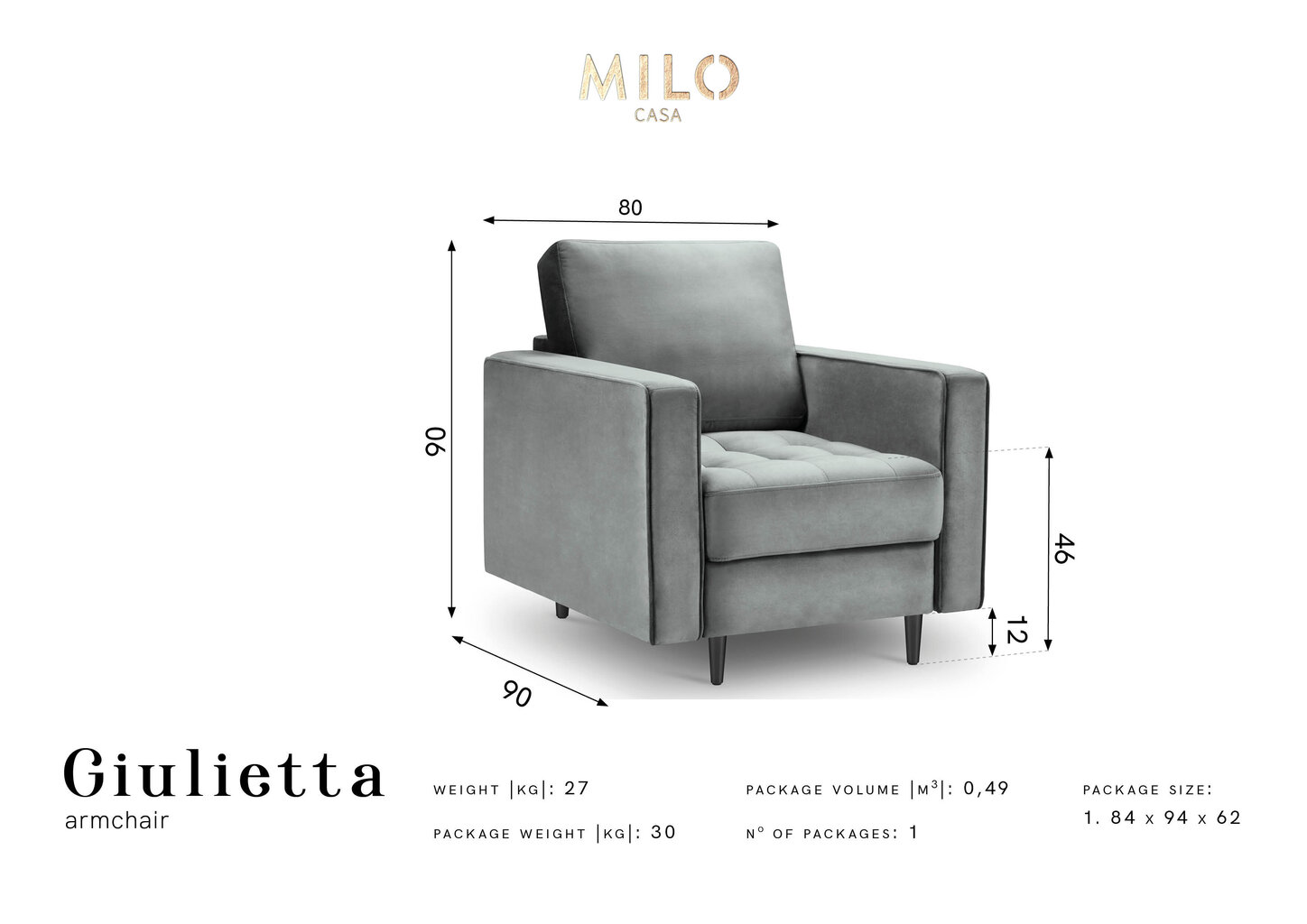Fotelis Milo Casa Giulietta, šviesiai pilkas/juodas kaina ir informacija | Svetainės foteliai | pigu.lt