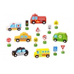 Tooky Toy medinių mašinėlių ir kelio ženklų rinkinys kaina ir informacija | Lavinamieji žaislai | pigu.lt