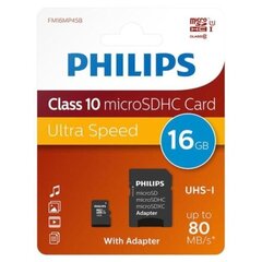 Philips MICROSDHC 16GB CLASS 10/UHS 1 + Adapter kaina ir informacija | Atminties kortelės telefonams | pigu.lt