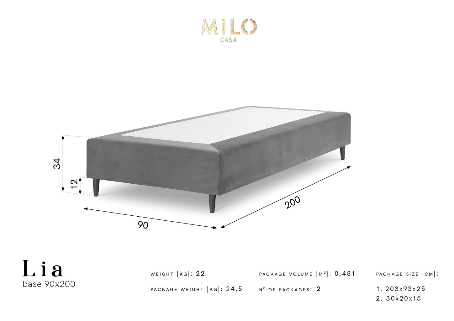 Kušetė Milo Casa Lia 90x200, šviesiai pilka/juoda kaina ir informacija | Lovos | pigu.lt