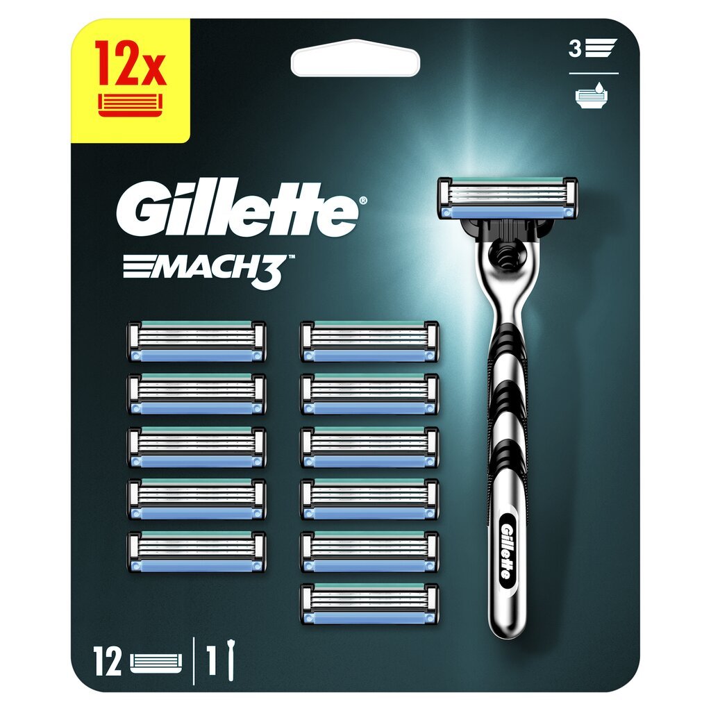 Rinkinys Gillette Mach3: skustuvas, 1 vnt. + skustuvo galvutės, 12 vnt. цена и информация | Skutimosi priemonės ir kosmetika | pigu.lt