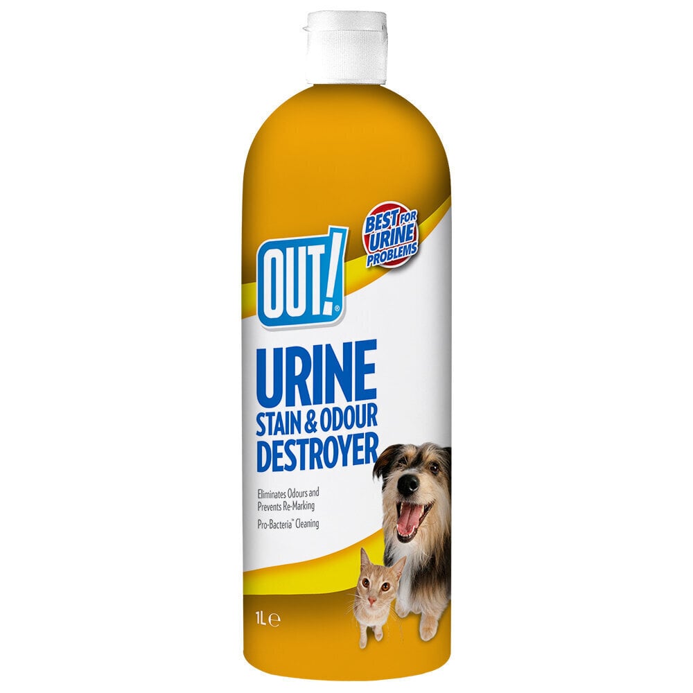 Out! priemonė šunų šlapimo kvapui ir dėmėms naikinti Urine Stain & Odour Destroyer, 1000 ml kaina ir informacija | Priežiūros priemonės gyvūnams | pigu.lt