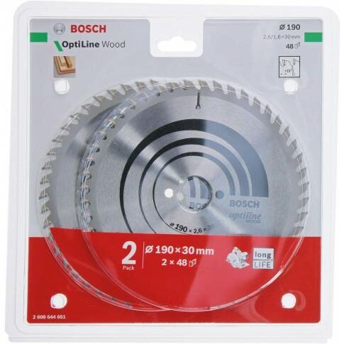 Pjovimo diskas medienai Bosch Optiline, 190 mm, 2 vnt. kaina ir informacija | Pjūklai, pjovimo staklės | pigu.lt