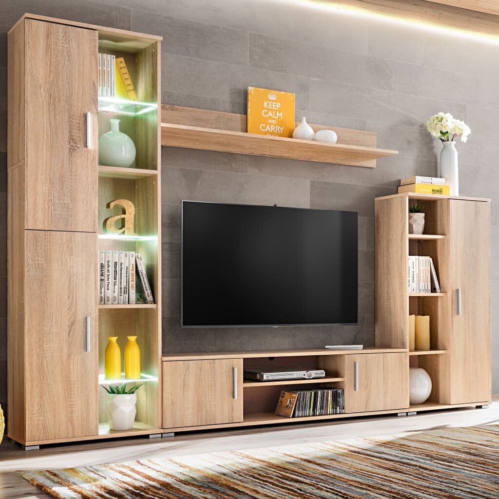 Sieninė TV sekcija su LED šviesomis, Sonoma ąžuolo mediena цена и информация | TV staliukai | pigu.lt