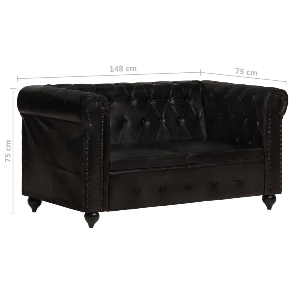 Dvivietė sofa chesterfield, juodos spalvos, tikra oda kaina ir informacija | Sofos | pigu.lt