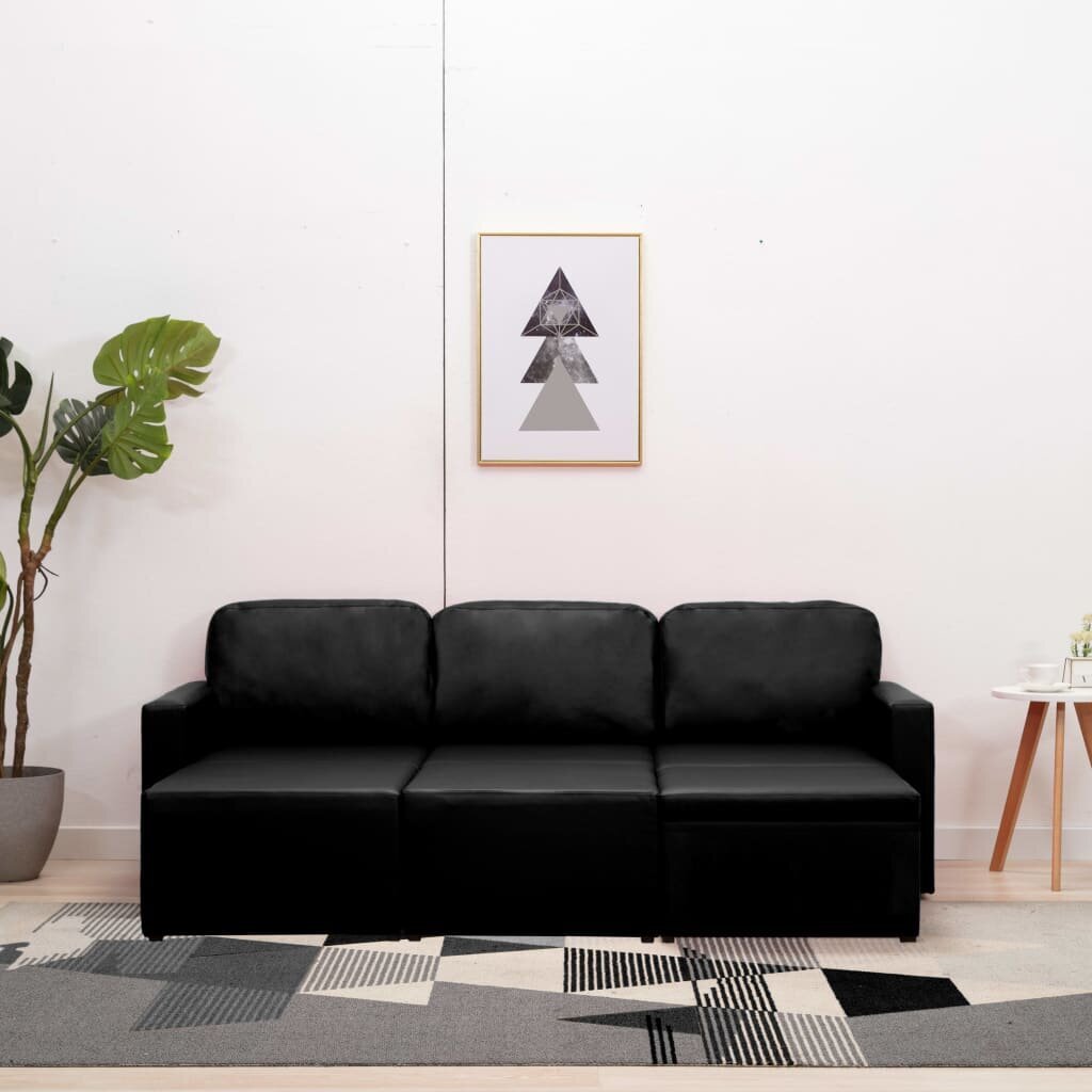 Trivietė sofa-lova, juodos spalvos, dirbtinė oda, modulinė цена и информация | Sofos | pigu.lt