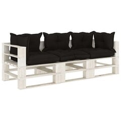 vidaXL Trivietė sodo sofa iš palečių su juodomis pagalvėmis, mediena kaina ir informacija | Lauko kėdės, foteliai, pufai | pigu.lt