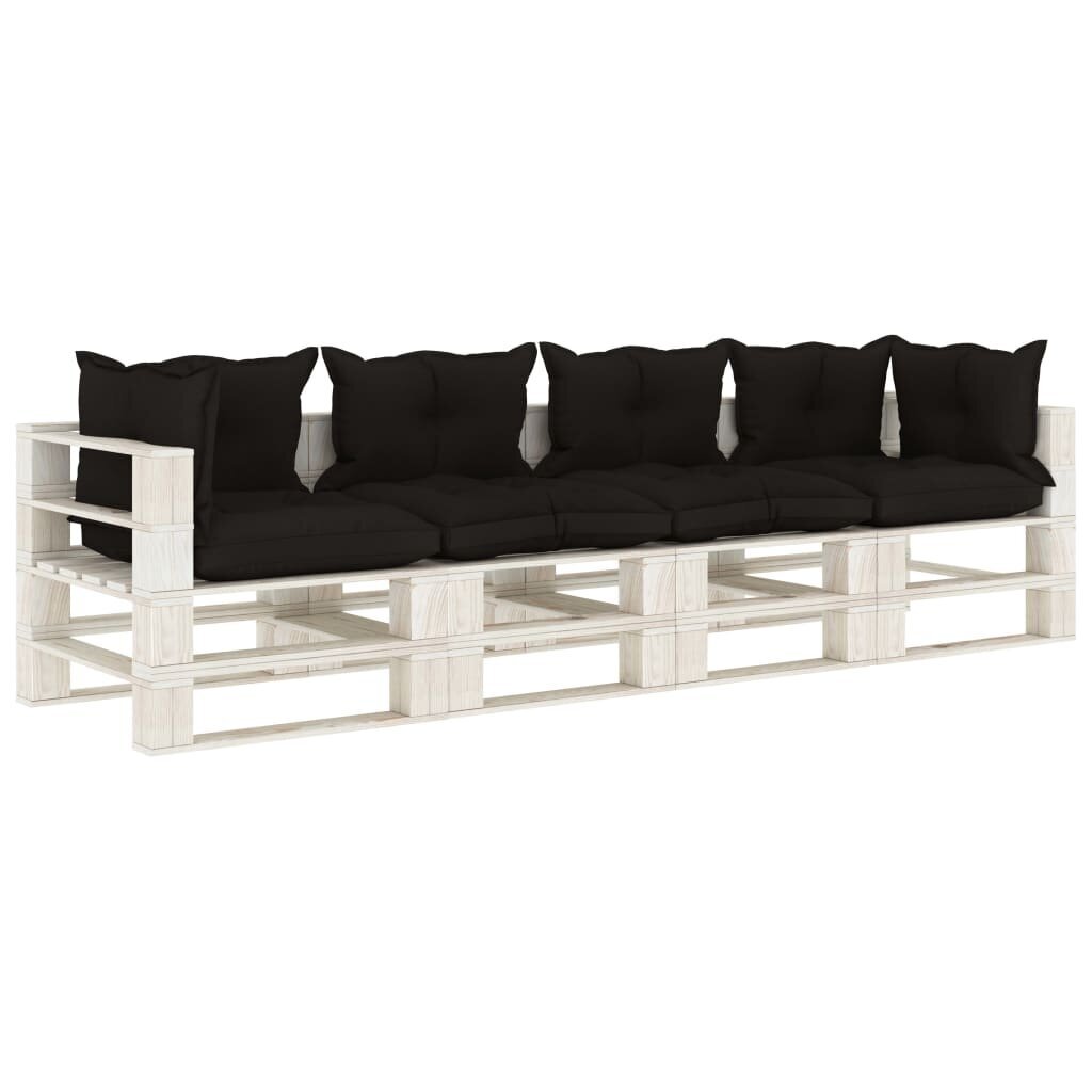 vidaXL Keturvietė sodo sofa iš palečių su juodomis pagalvėmis, mediena kaina ir informacija | Lauko kėdės, foteliai, pufai | pigu.lt